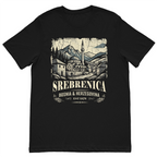 Black t-shirt with a graphic design of Srebrenica, Bosnia & Herzegovina on a white background