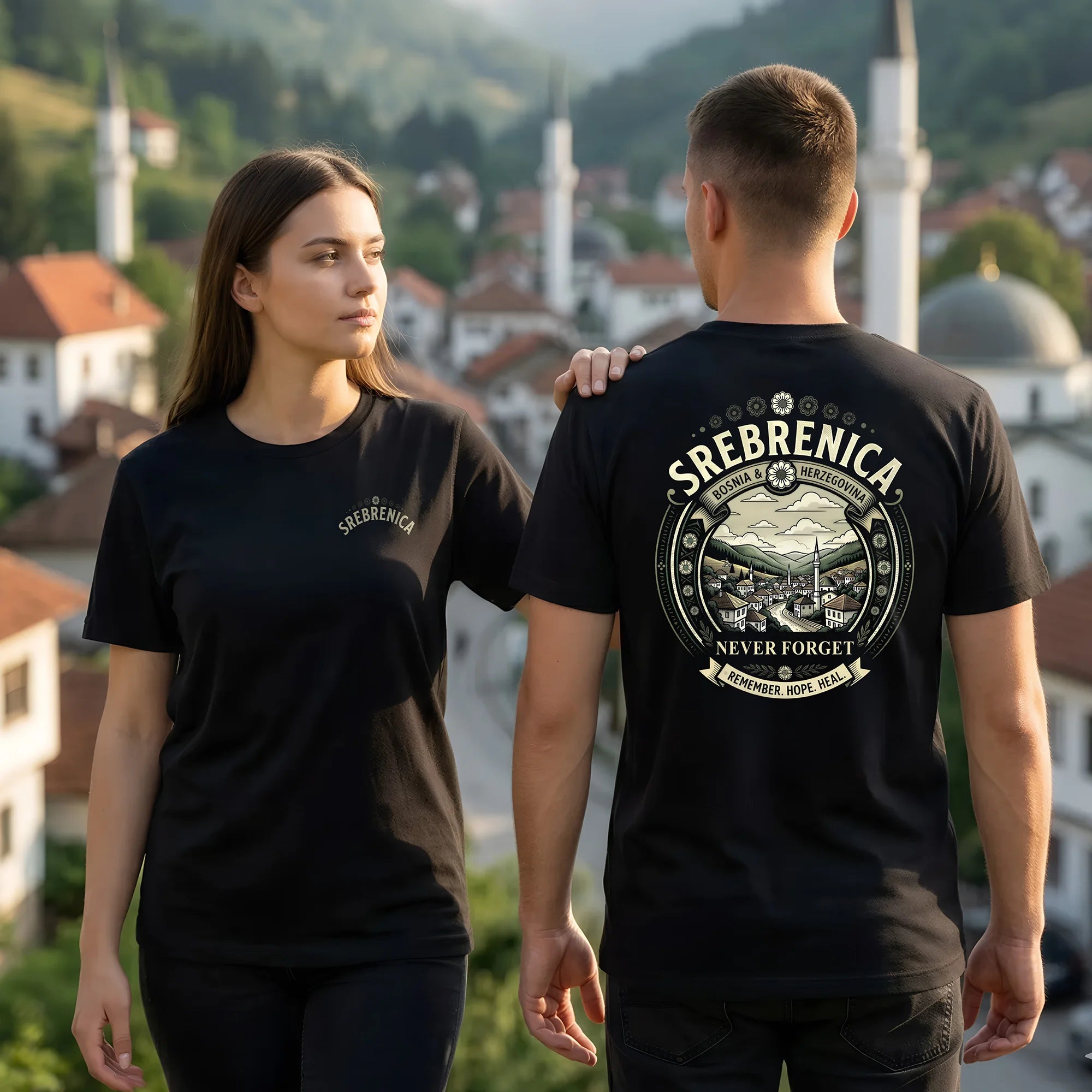 Men and women wearing Srebrenica t-shirt shown from front and back