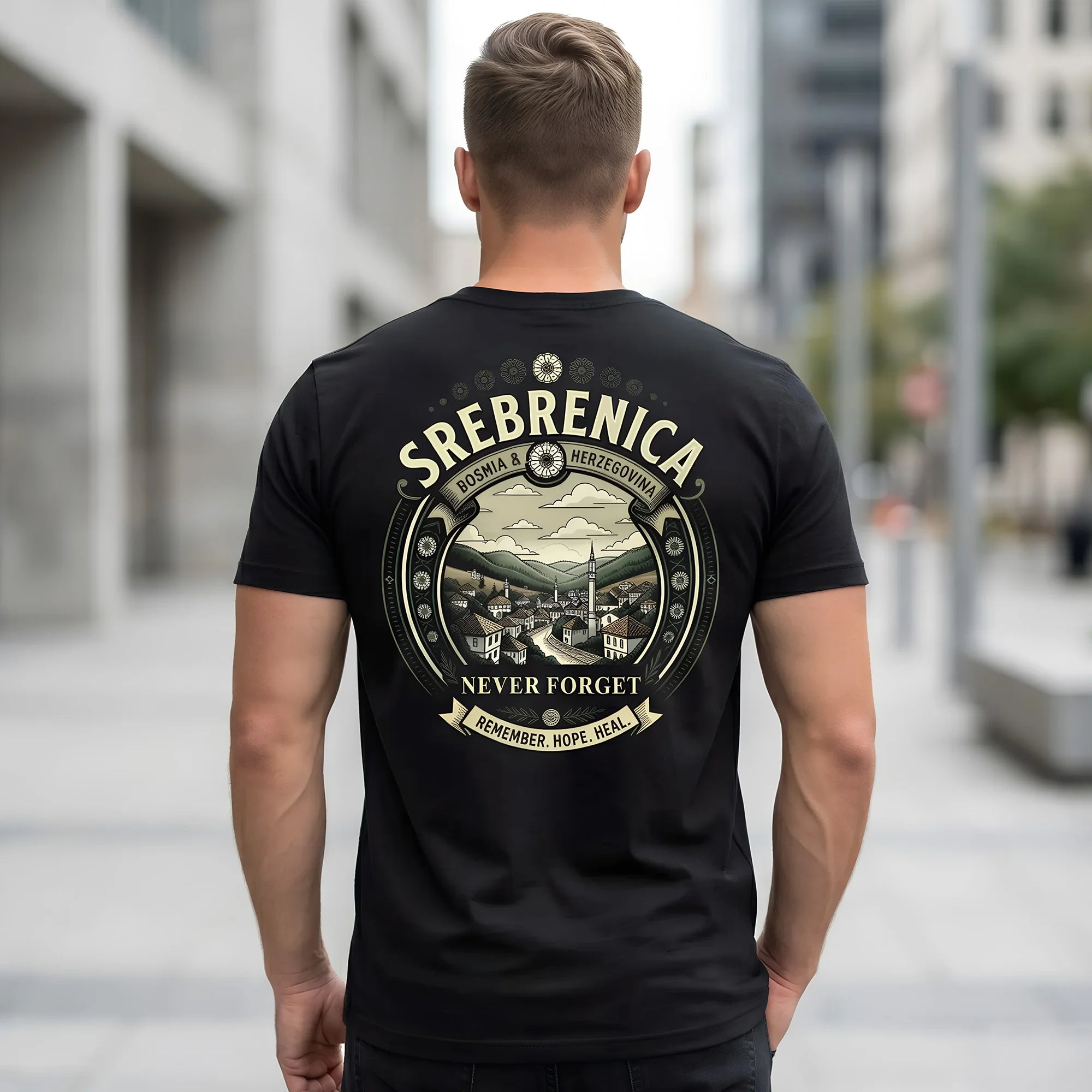 Men wearing Srebrenica t-shirt from the back