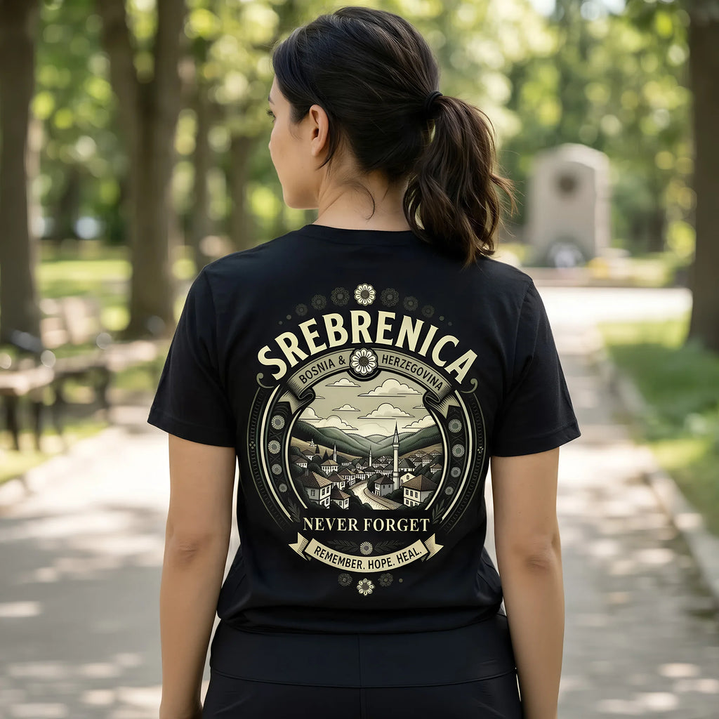 Women wearing Srebrenica t-shirt from the back