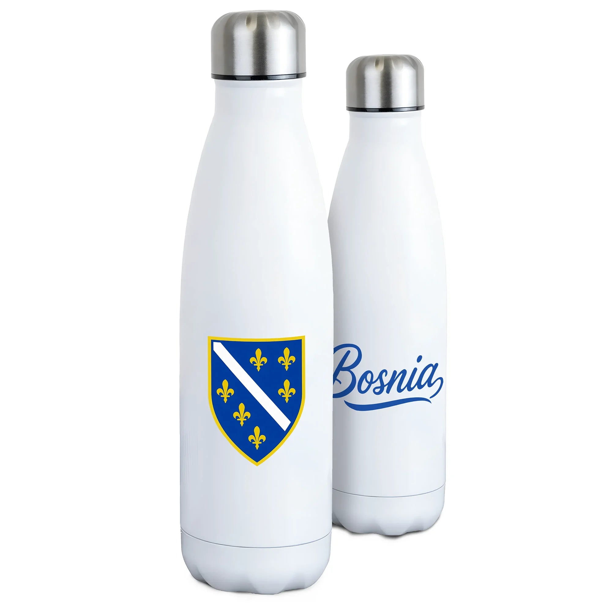 White stainless steel Bosnia and Herzegovina water bottle featuring Bosnian Ljiljan emblem and Bosnia script design