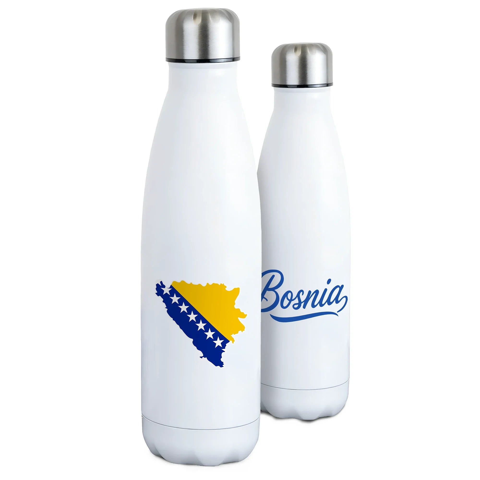 White stainless steel water bottle featuring Bosnia and Herzegovina map with Bosnian flag design