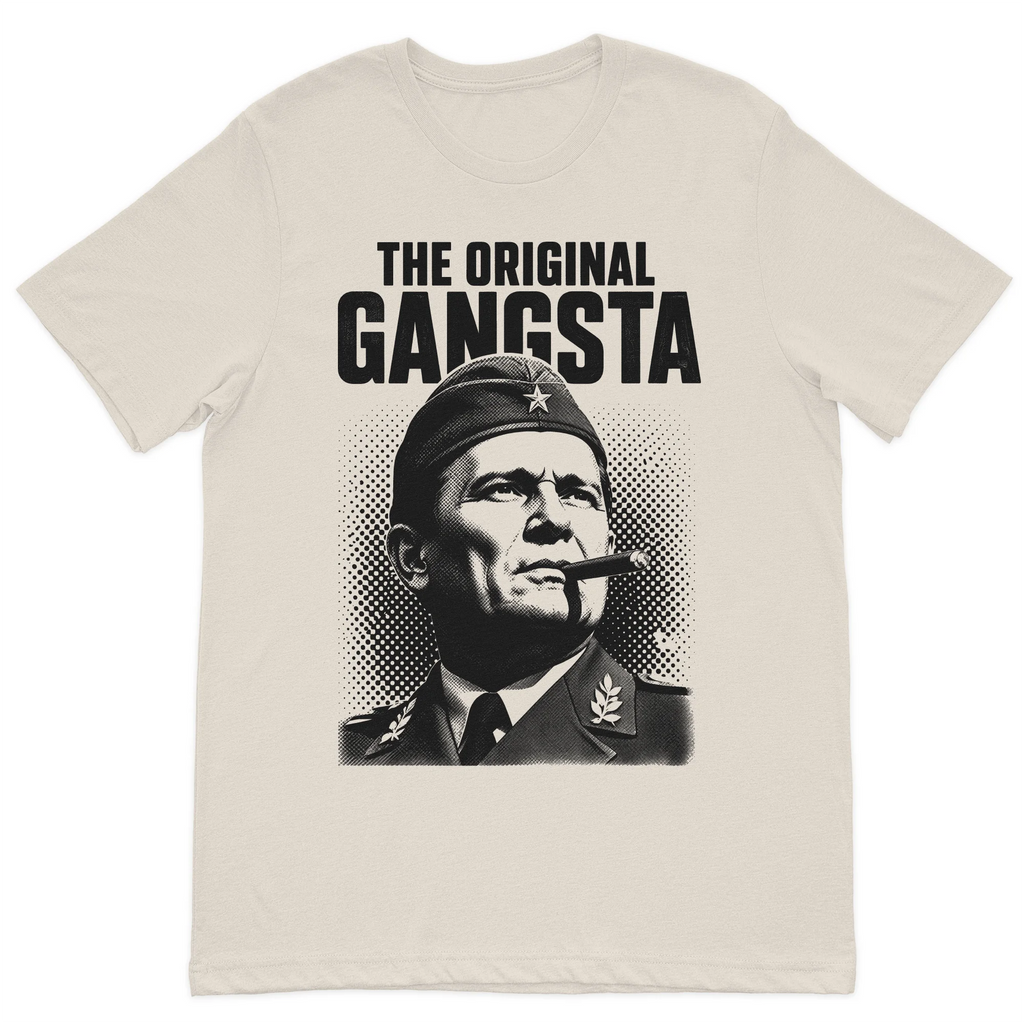 The Original Gangsta vintage Balkan-inspired graphic t-shirt featuring a bold retro portrait on a premium sand cotton t-shirt.