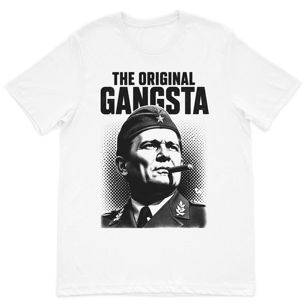 The Original Gangsta vintage Balkan-inspired graphic t-shirt featuring a bold retro portrait on a premium white cotton t-shirt.