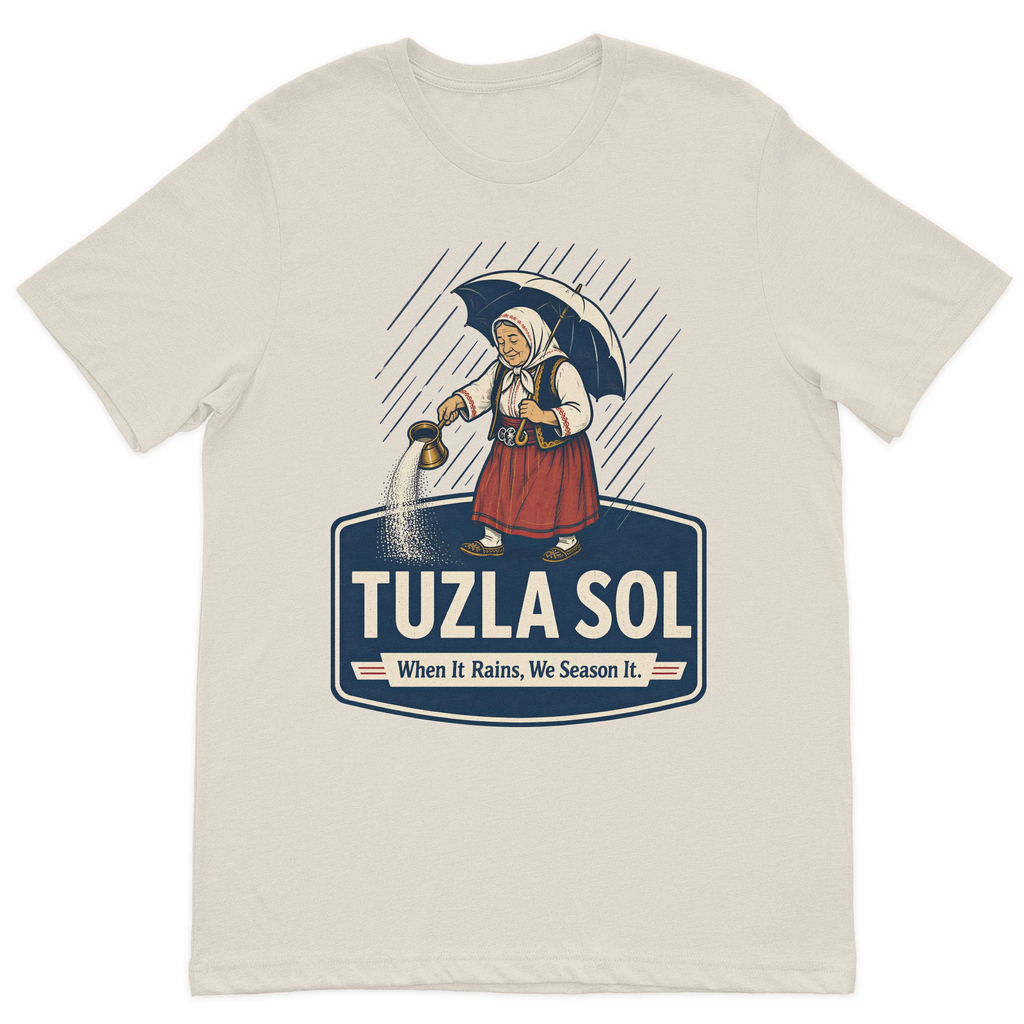 Tuzla Sol graphic t-shirt featuring a traditional Bosnian woman spreading salt in the rain with the slogan "When It Rains, We Season It" on a premium sand cotton t-shirt.