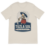 Tuzla Sol graphic t-shirt featuring a traditional Bosnian woman spreading salt in the rain with the slogan "When It Rains, We Season It" on a premium sand cotton t-shirt.