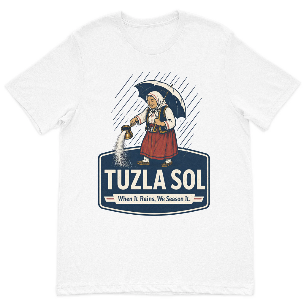 Tuzla Sol graphic t-shirt featuring a traditional Bosnian woman spreading salt in the rain with the slogan "When It Rains, We Season It" on a premium white cotton t-shirt.
