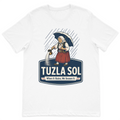 Tuzla Sol graphic t-shirt featuring a traditional Bosnian woman spreading salt in the rain with the slogan "When It Rains, We Season It" on a premium white cotton t-shirt.
