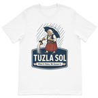 Tuzla Sol graphic t-shirt featuring a traditional Bosnian woman spreading salt in the rain with the slogan "When It Rains, We Season It" on a premium white cotton t-shirt.