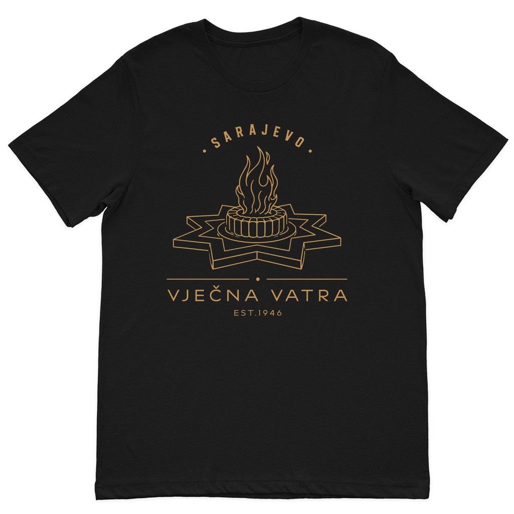 Sarajevo Vječna Vatra minimalist graphic t-shirt featuring the Eternal Flame memorial on a premium black cotton t-shirt.
