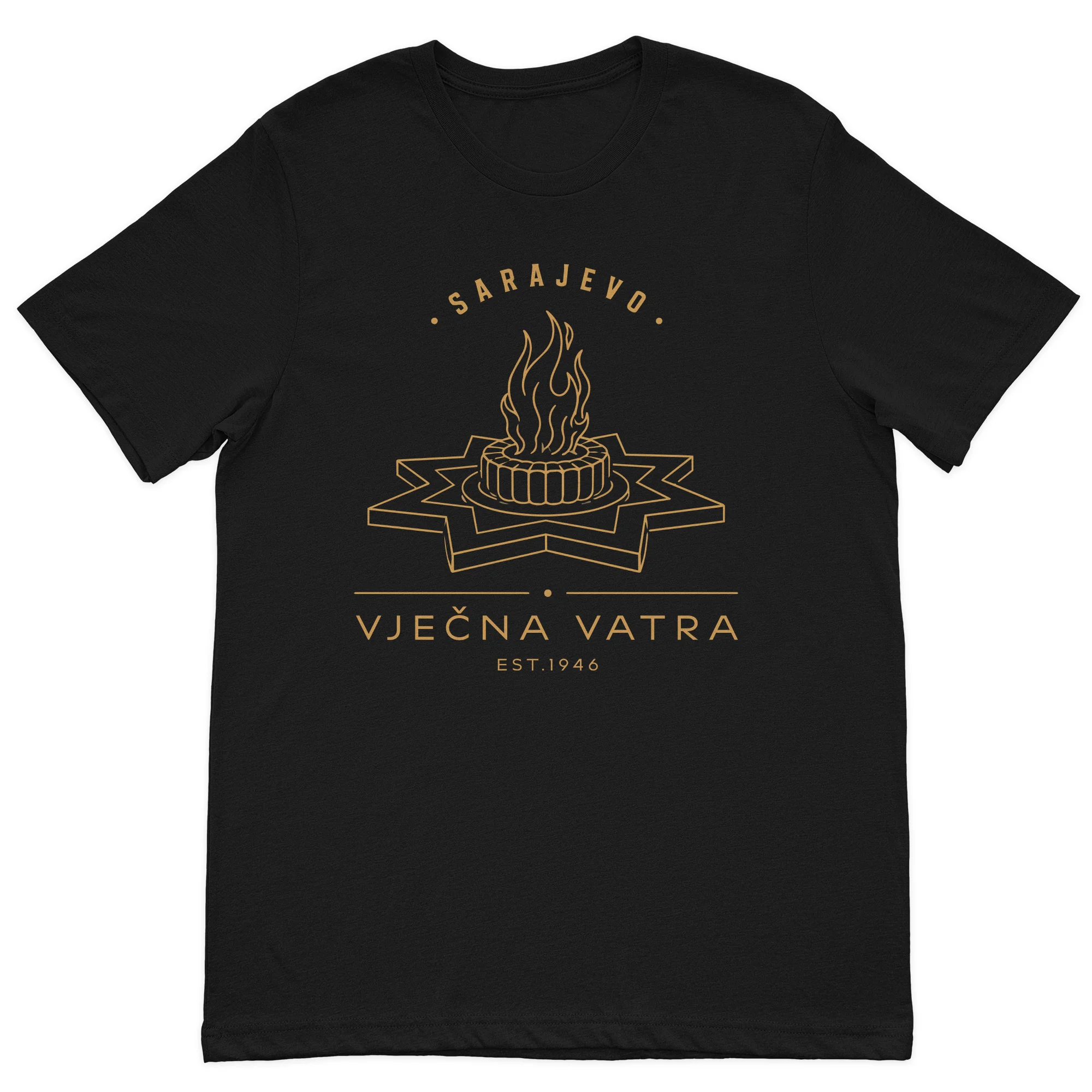 Sarajevo Vječna Vatra minimalist graphic t-shirt featuring the Eternal Flame memorial on a premium black cotton t-shirt.