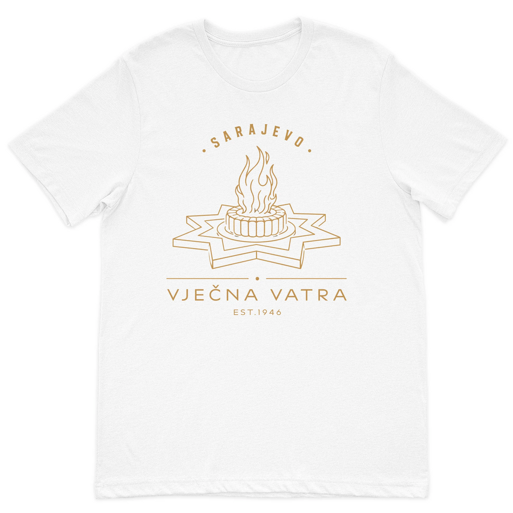 Sarajevo Vječna Vatra minimalist graphic t-shirt featuring the Eternal Flame memorial on a premium white cotton t-shirt.