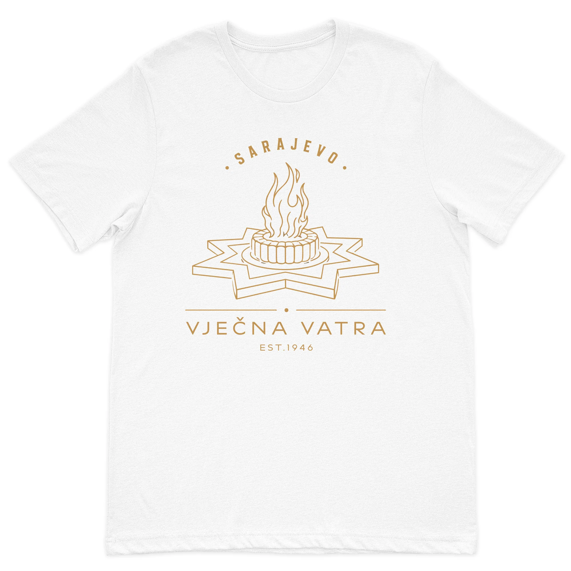 Sarajevo Vječna Vatra minimalist graphic t-shirt featuring the Eternal Flame memorial on a premium white cotton t-shirt.