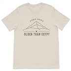 Visoko Bosnia "Older Than Egypt" minimalist graphic t-shirt featuring a line-art Bosnian Pyramid design on a premium cream cotton t-shirt.