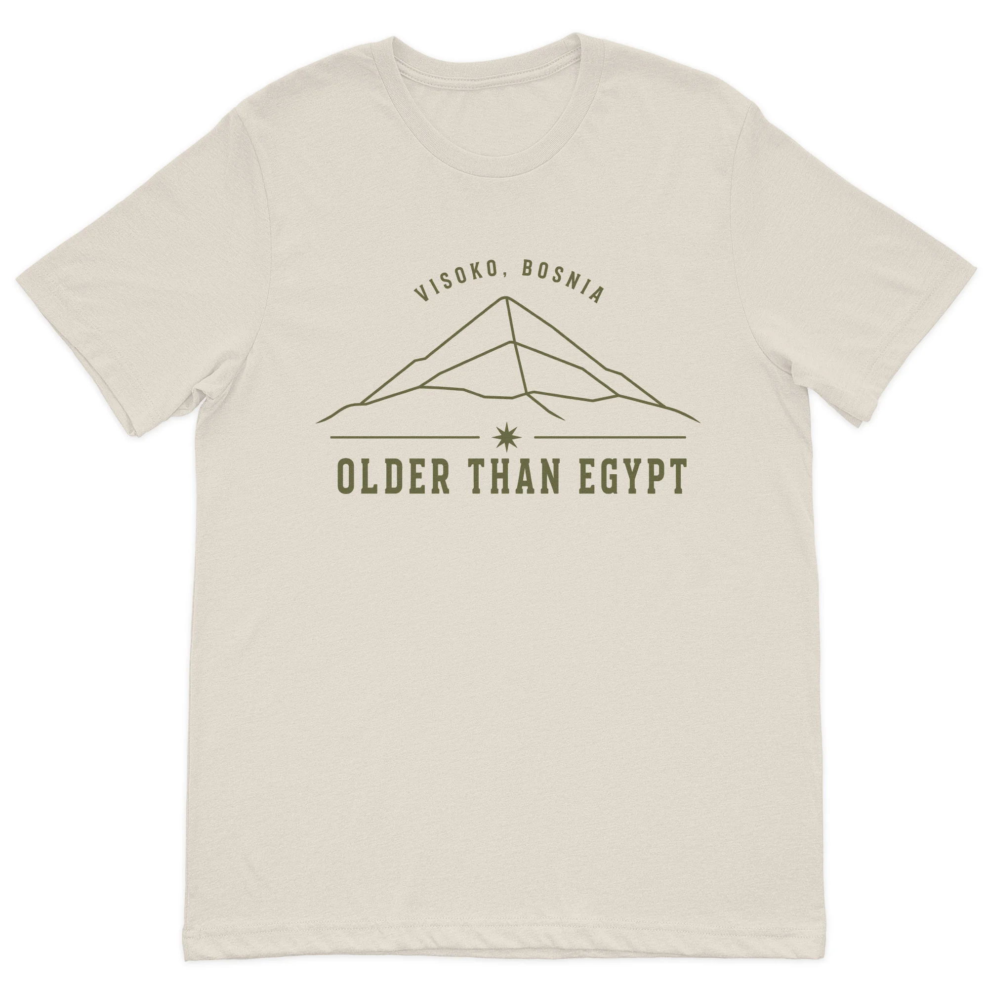 Visoko Bosnia "Older Than Egypt" minimalist graphic t-shirt featuring a line-art Bosnian Pyramid design on a premium sand cotton t-shirt.