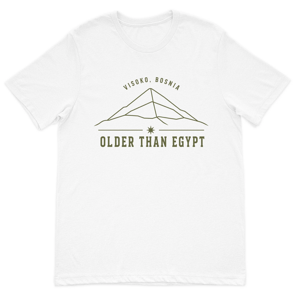 Visoko Bosnia "Older Than Egypt" minimalist graphic t-shirt featuring a line-art Bosnian Pyramid design on a premium white cotton t-shirt.