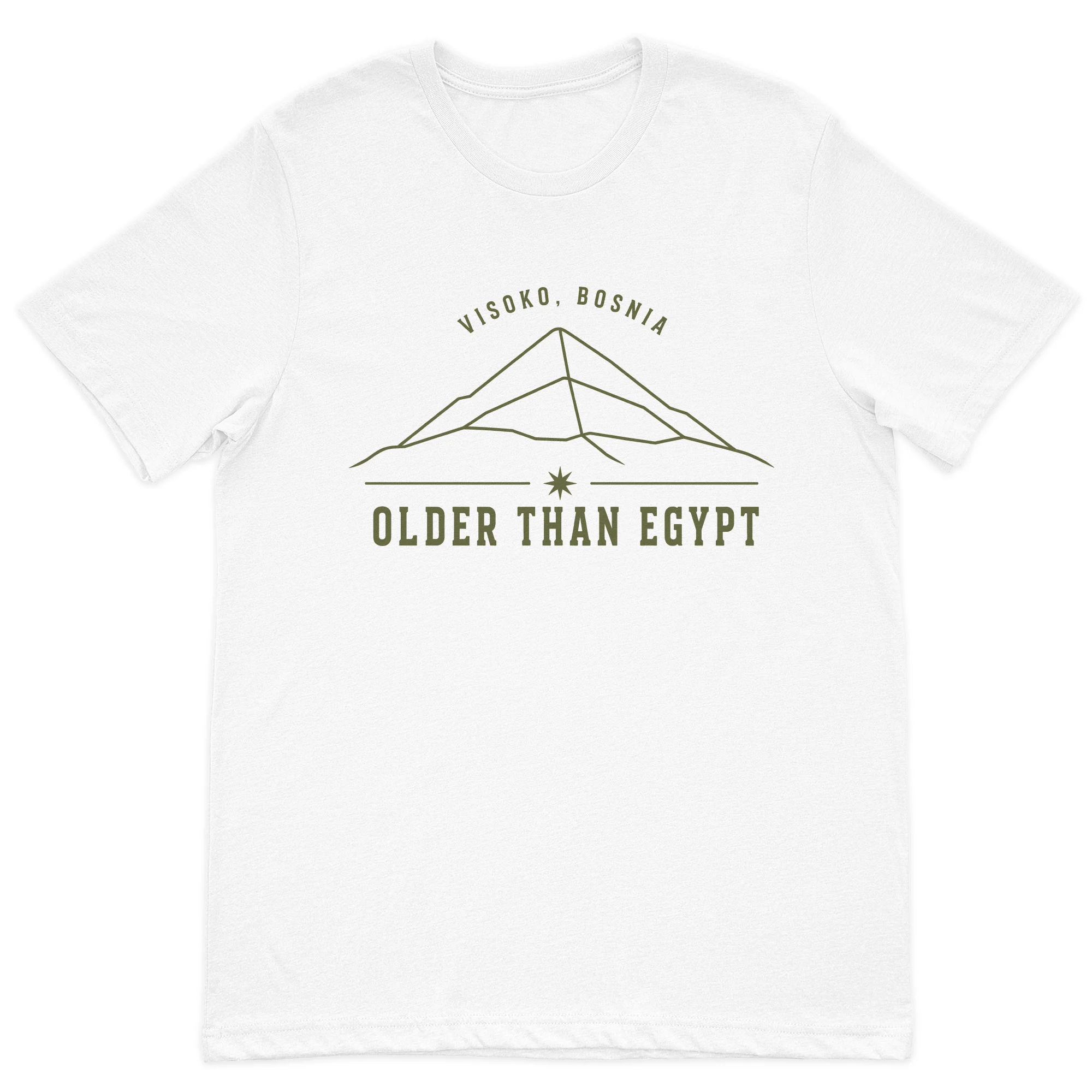 Visoko Bosnia "Older Than Egypt" minimalist graphic t-shirt featuring a line-art Bosnian Pyramid design on a premium white cotton t-shirt.