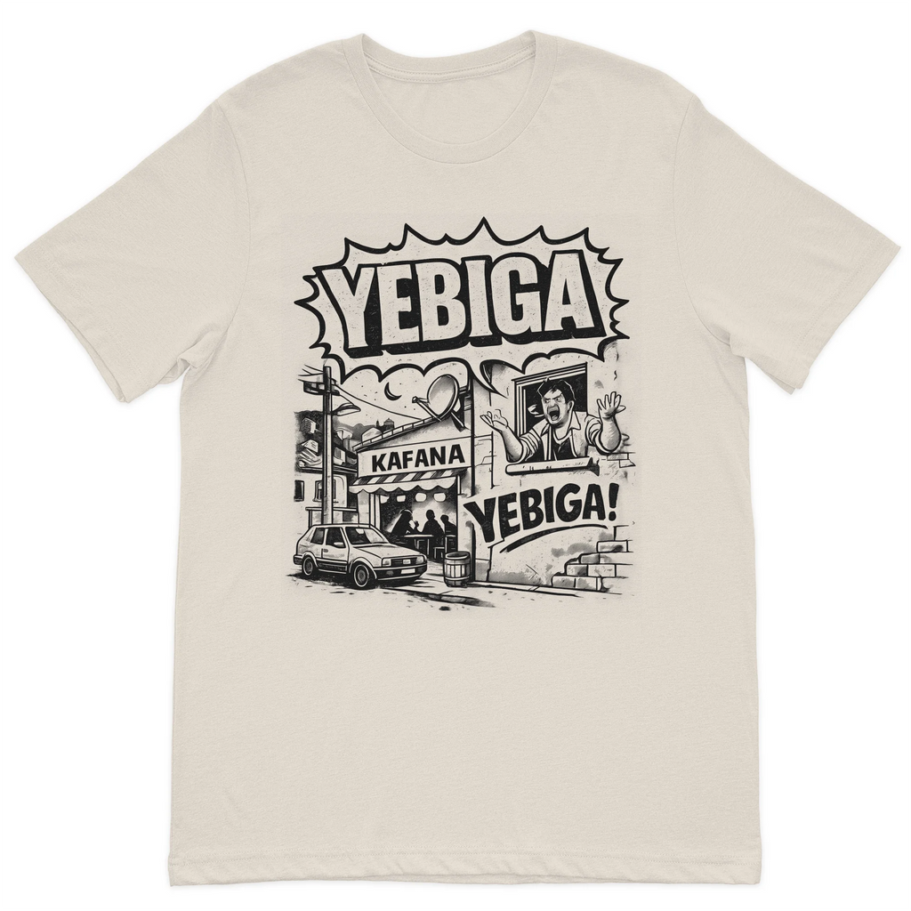 Yebiga comic-style graphic t-shirt featuring a Balkan street scene with a kafana, classic car, and humorous illustration on a premium cream cotton t-shirt.
