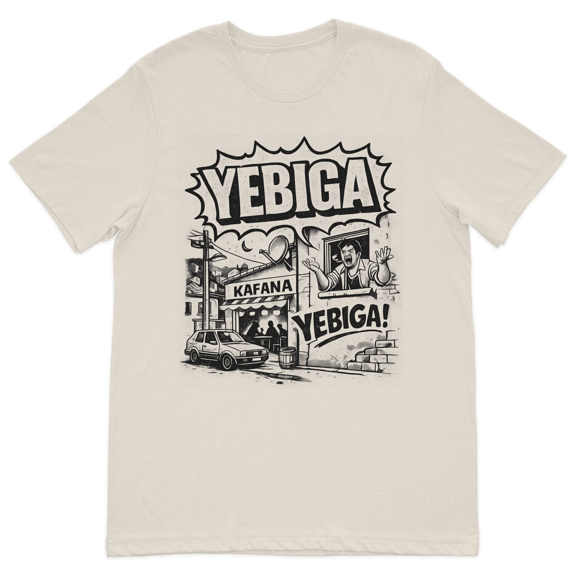 Yebiga comic-style graphic t-shirt featuring a Balkan street scene with a kafana, classic car, and humorous illustration on a premium sand cotton t-shirt.