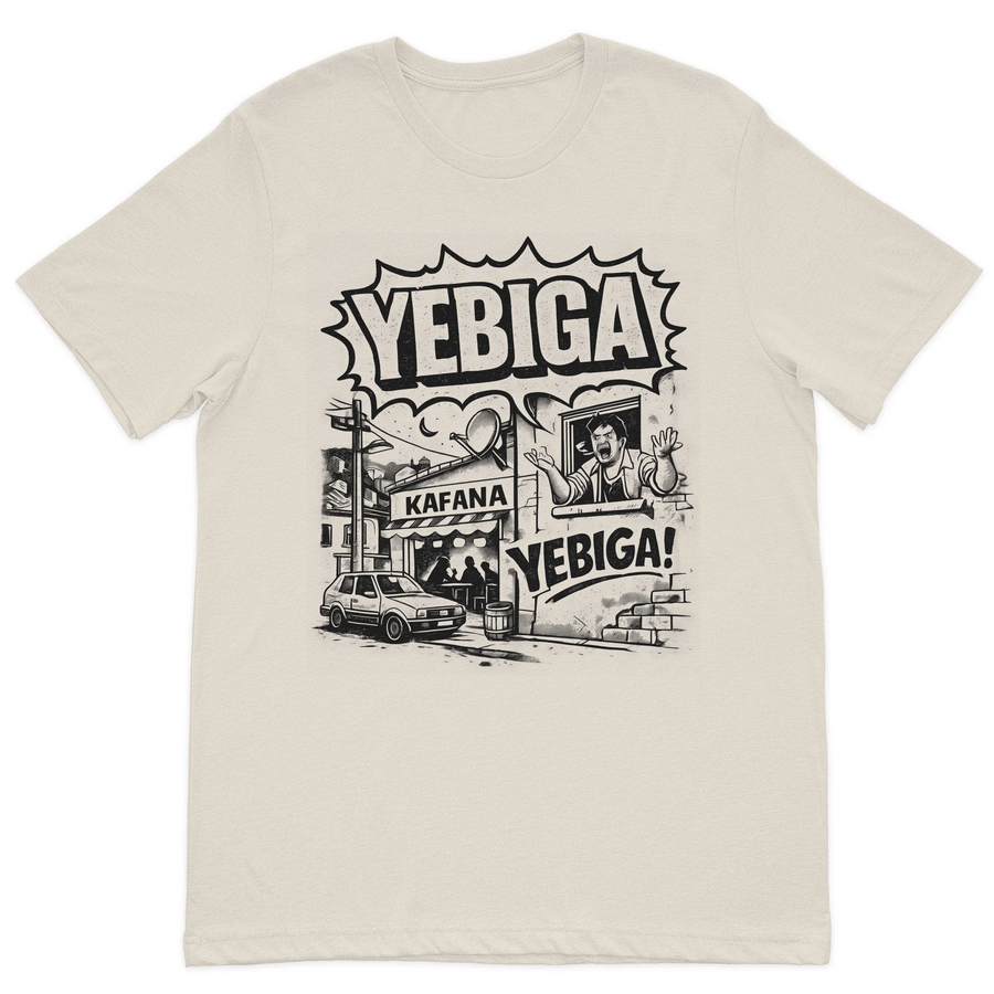 Yebiga comic-style graphic t-shirt featuring a Balkan street scene with a kafana, classic car, and humorous illustration on a premium cream cotton t-shirt.
