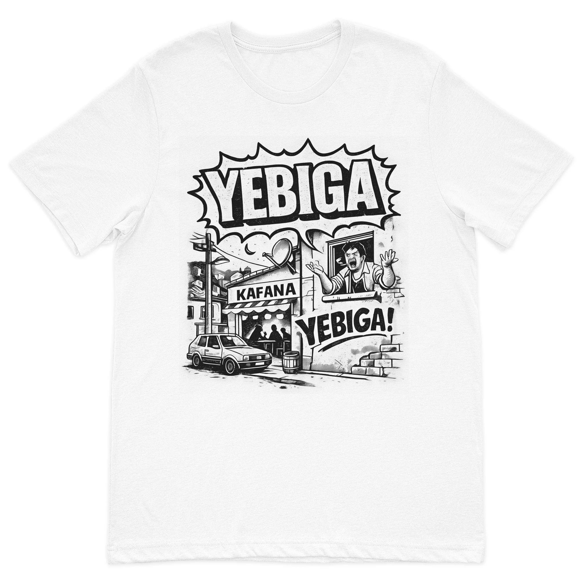 Yebiga comic-style graphic t-shirt featuring a Balkan street scene with a kafana, classic car, and humorous illustration on a premium white cotton t-shirt.