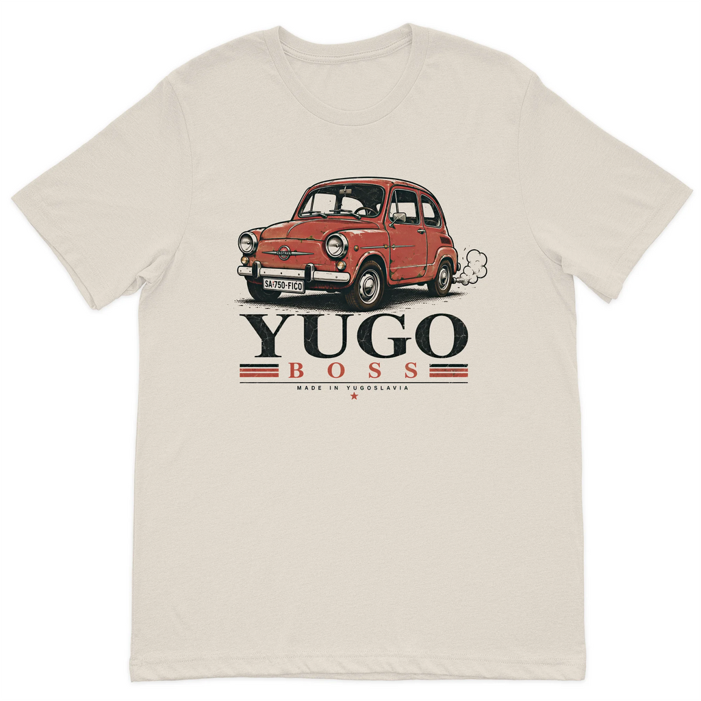Vintage Yugo Boss graphic t-shirt featuring a classic red Yugo car on a premium beige cotton t-shirt.