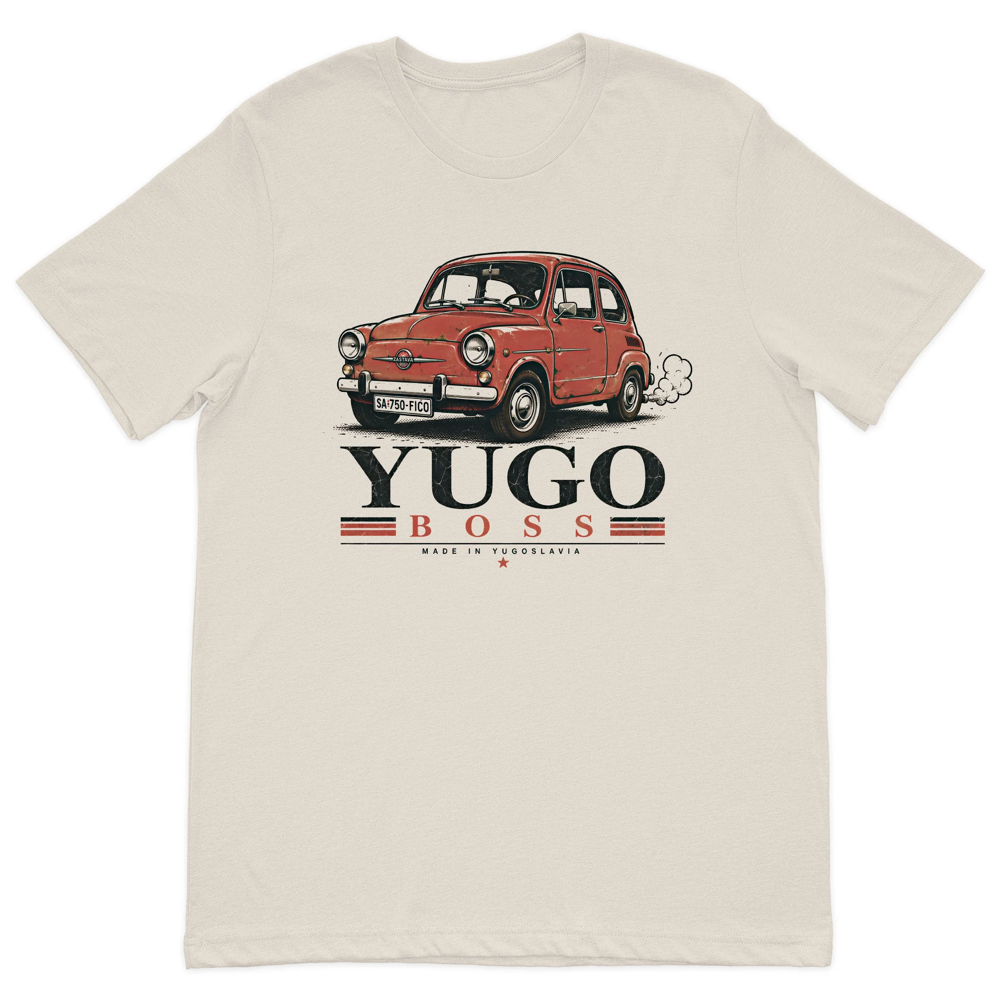Vintage Yugo Boss graphic t-shirt featuring a classic red Yugo car on a premium beige cotton t-shirt.