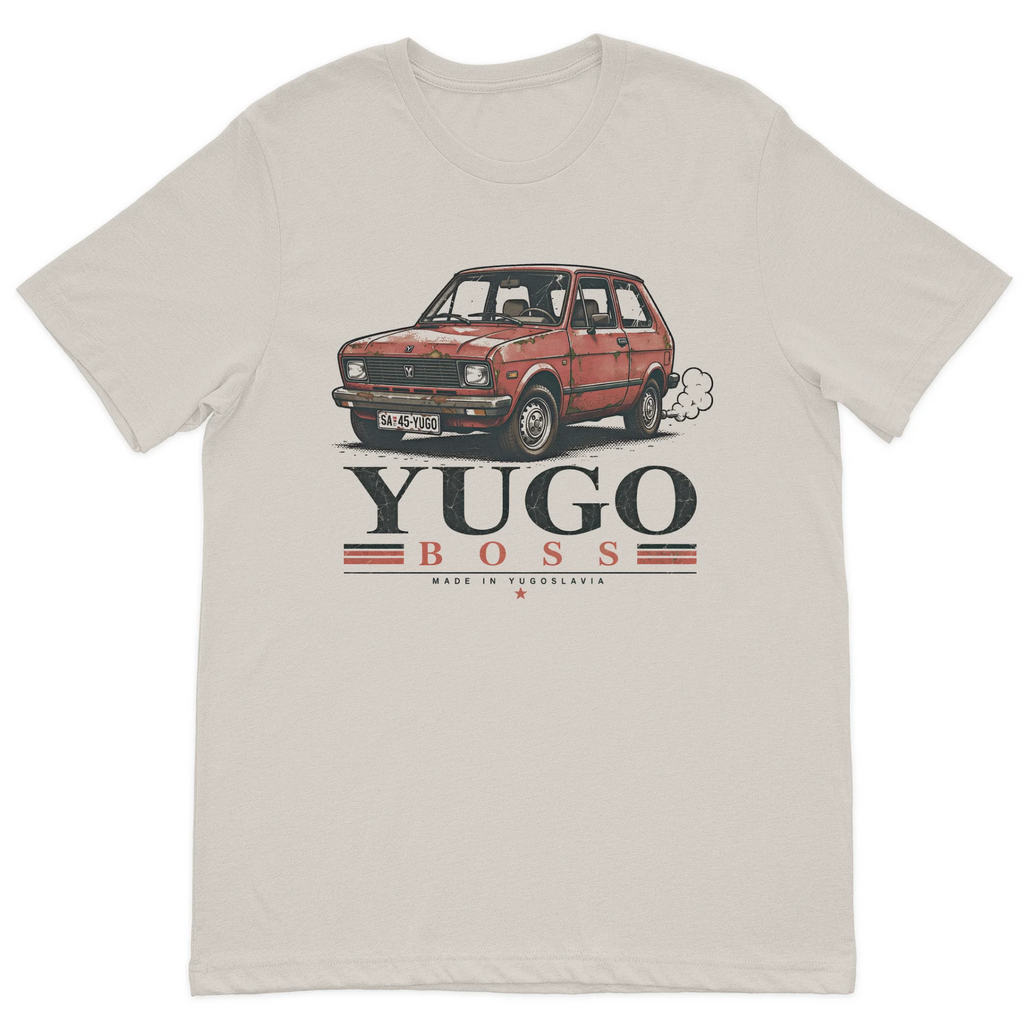 Vintage Yugo Boss graphic t-shirt featuring a classic red Yugo car on a premium beige cotton t-shirt.