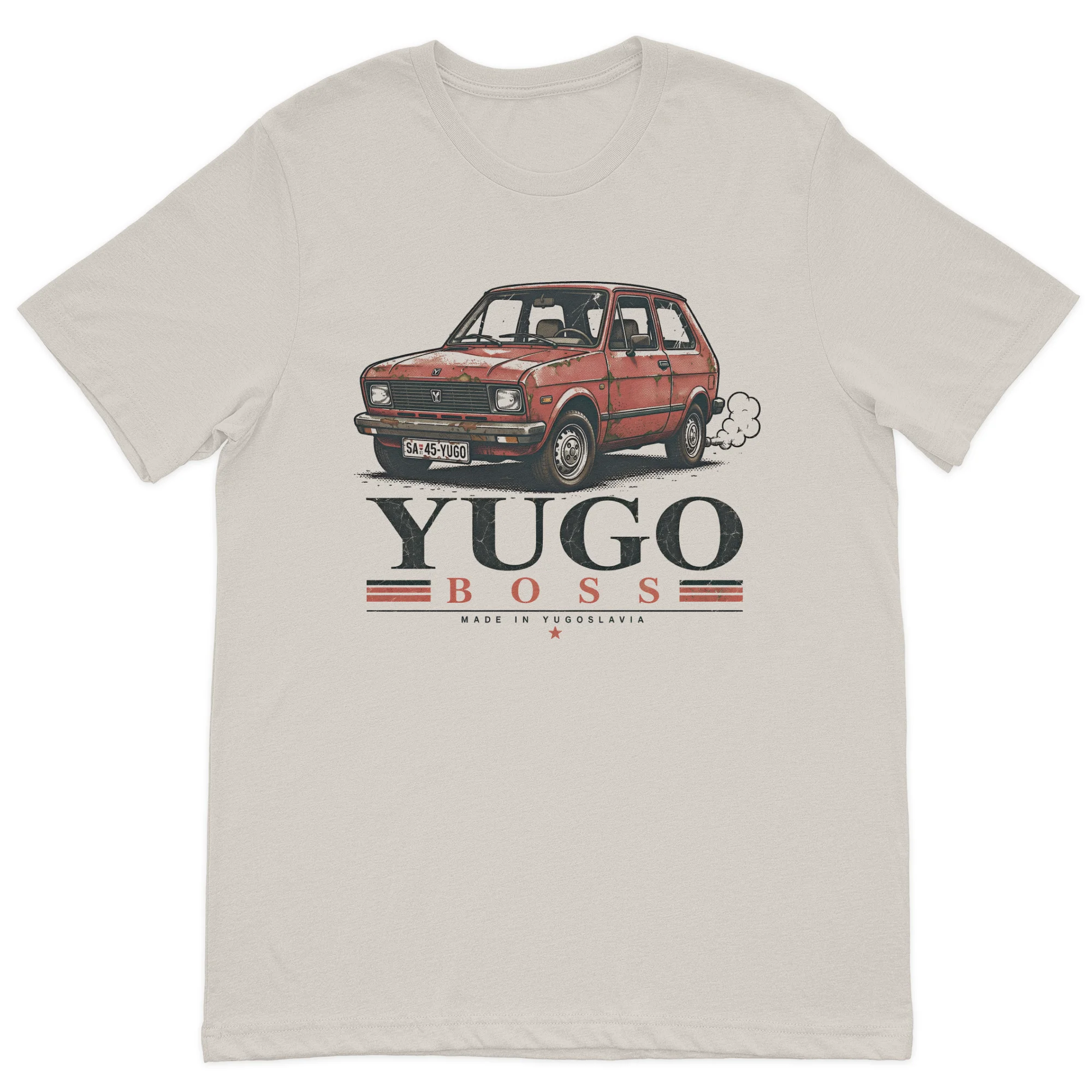 Vintage Yugo Boss graphic t-shirt featuring a classic red Yugo car on a premium beige cotton t-shirt.