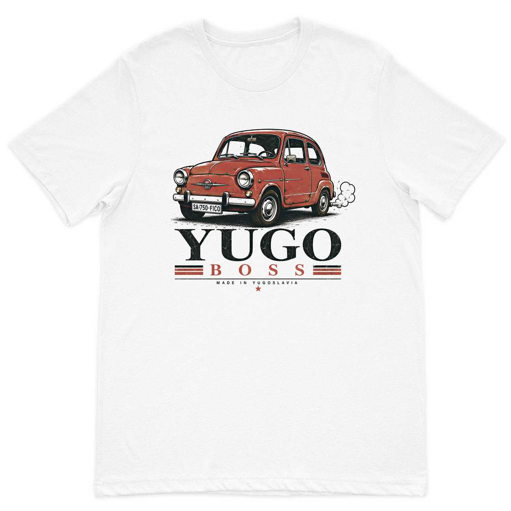 Vintage Yugo Boss graphic t-shirt featuring a classic red Yugo car on a premium white cotton t-shirt.