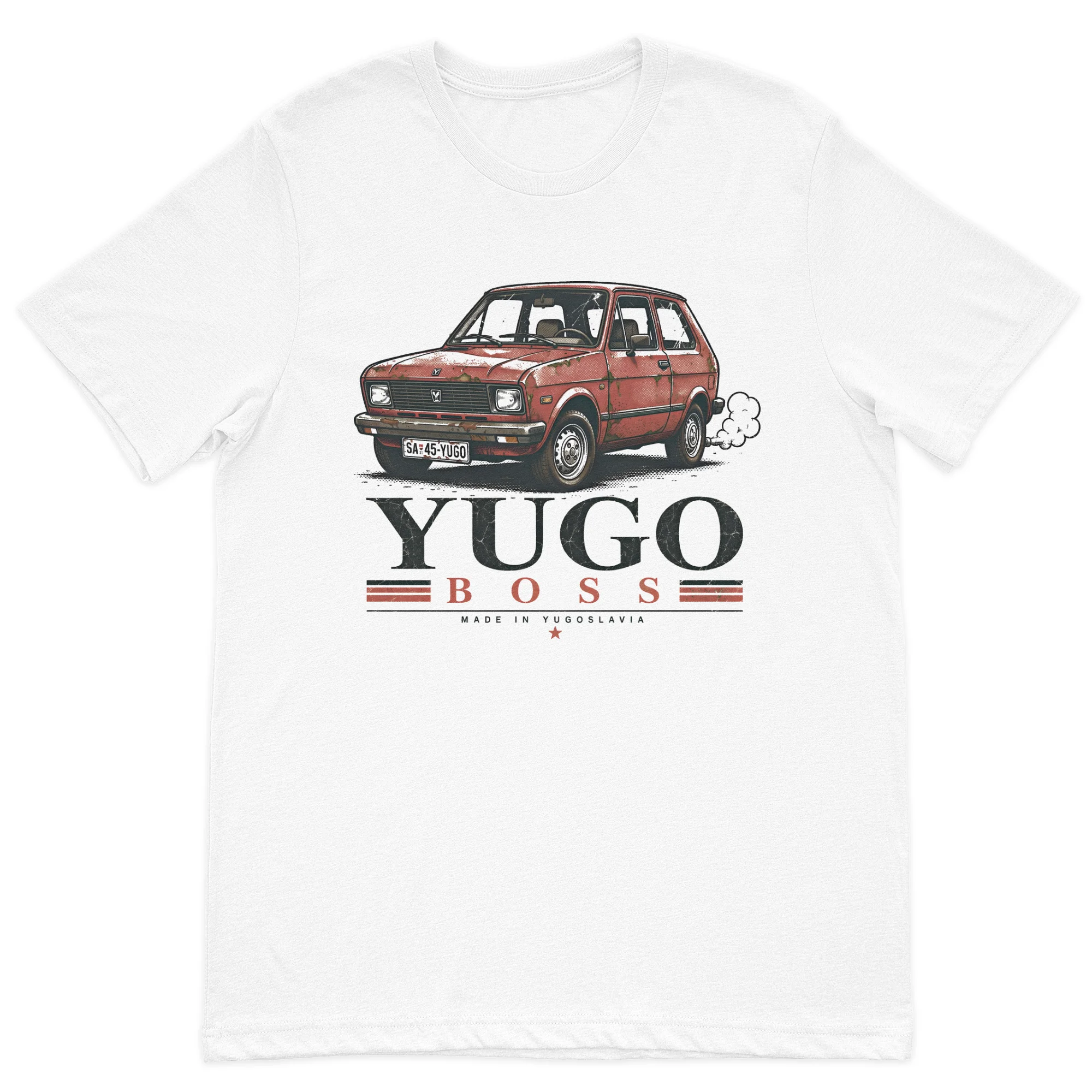 Vintage Yugo Boss graphic t-shirt featuring a classic red Yugo car on a premium white cotton t-shirt.