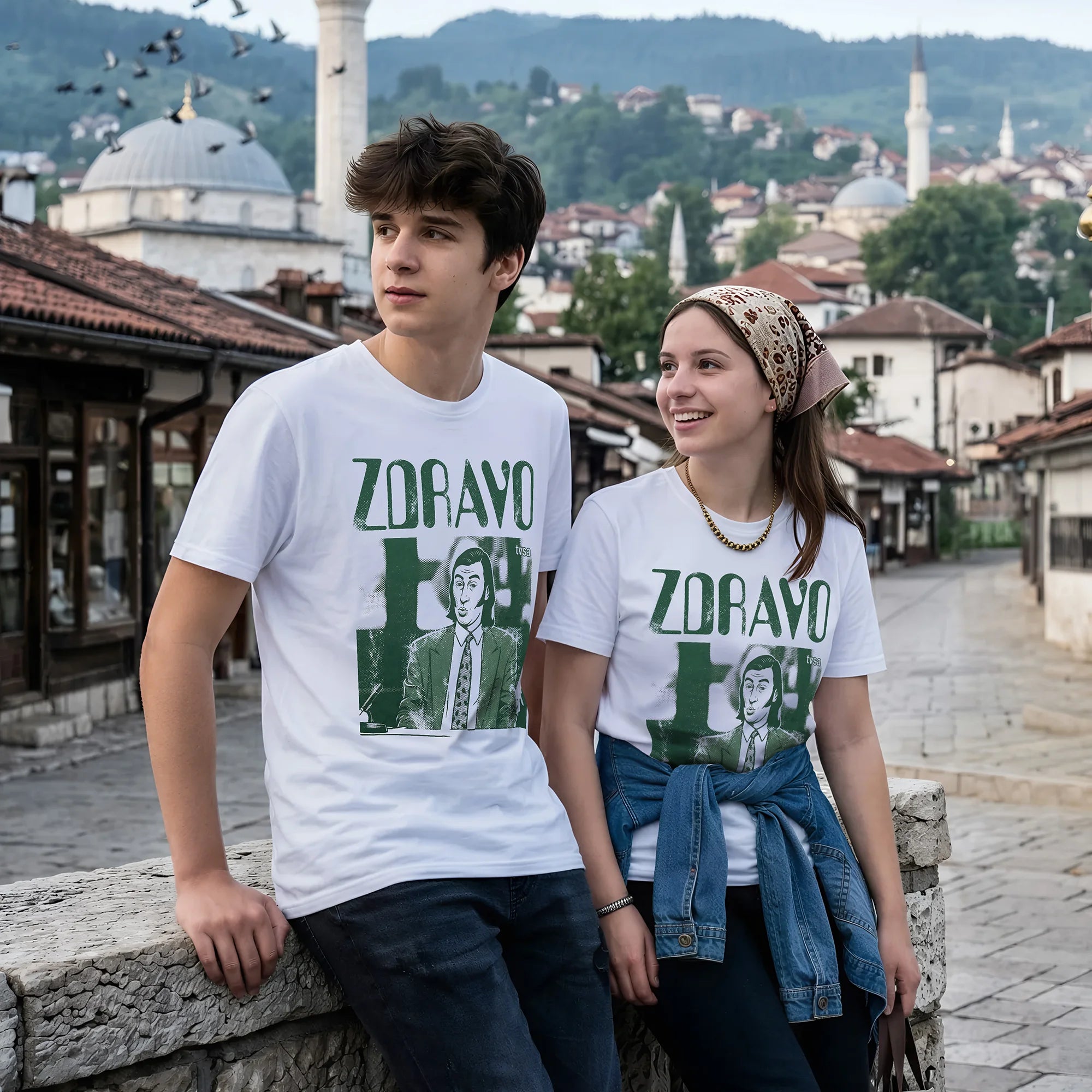 Picture of two kids in Sarajevo wearing Zdravo t-shirt